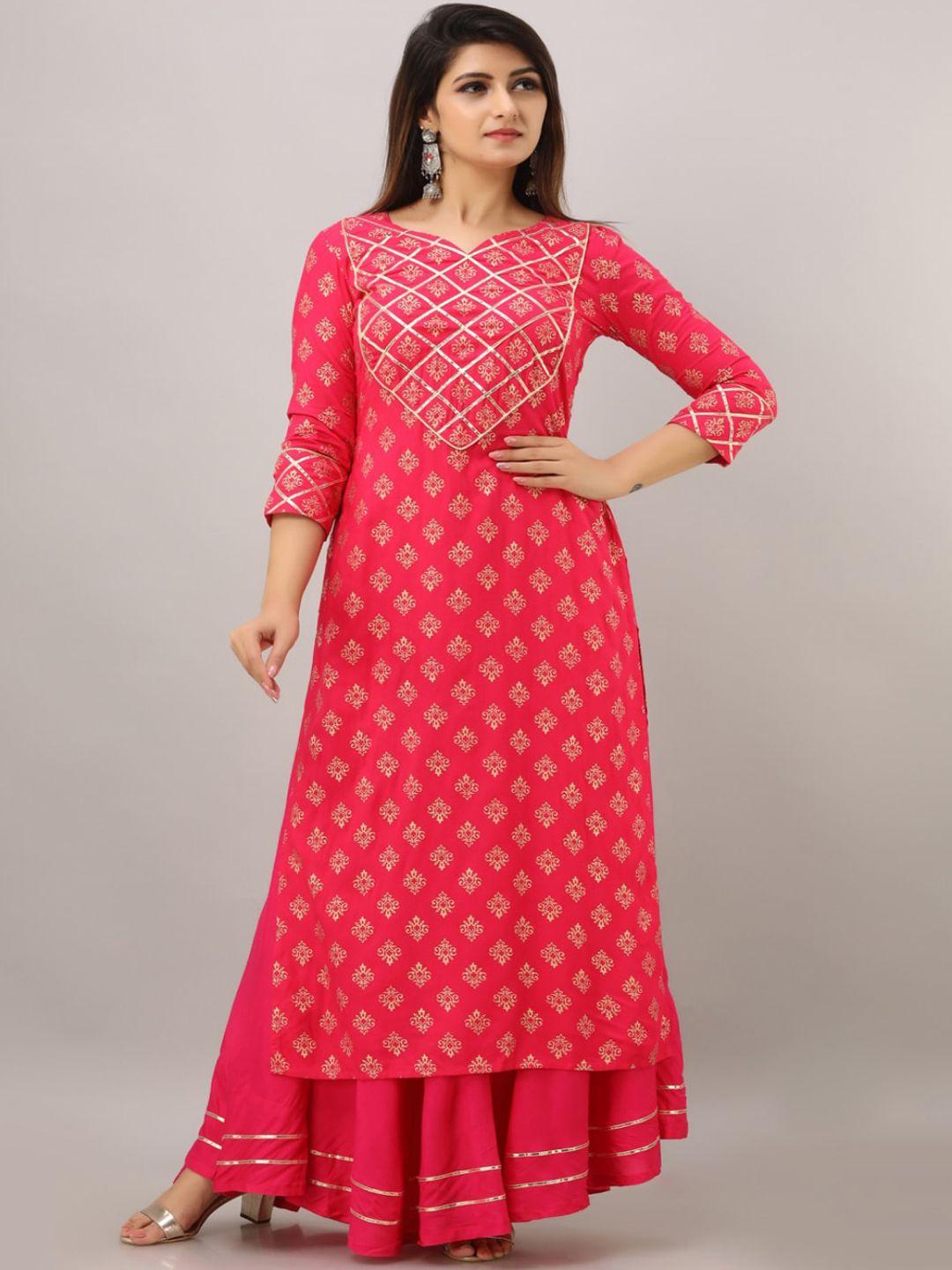 kalini women pink floral printed kurta with skirt