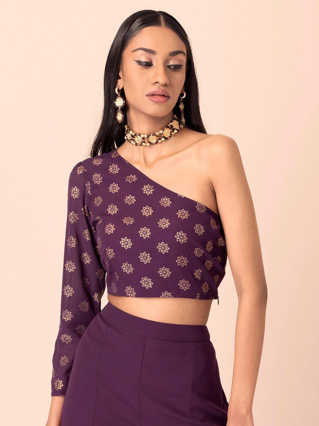 indya purple print one shoulder georgette crop top