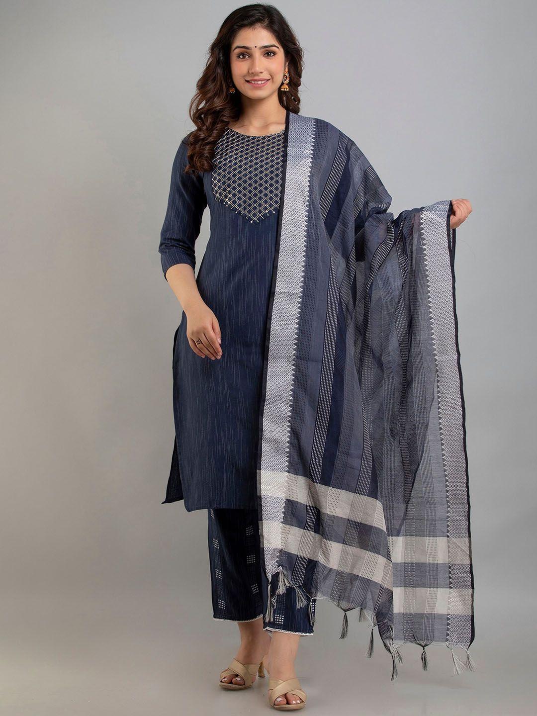 charu women blue embroidered pure cotton kurta with palazzos & with dupatta