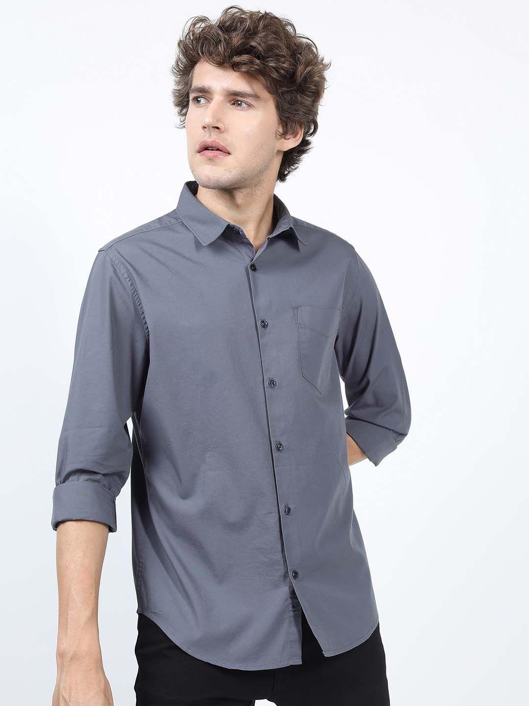 highlander men grey slim fit printed cotton casual shirt