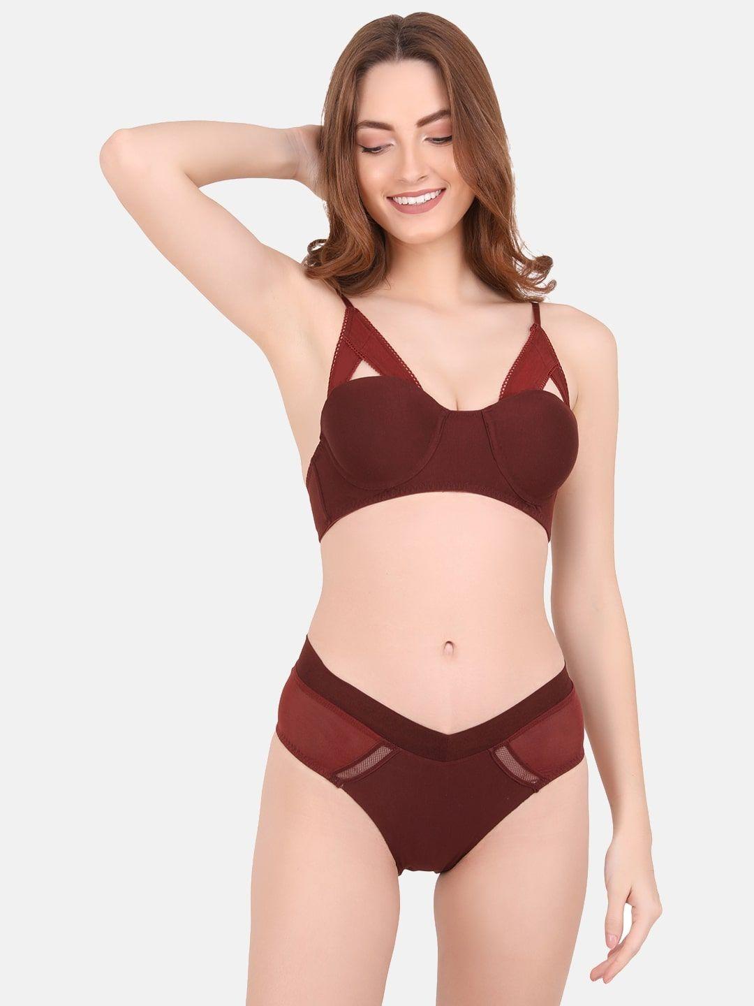 curwish women coffee brown solid bikini lingerie set