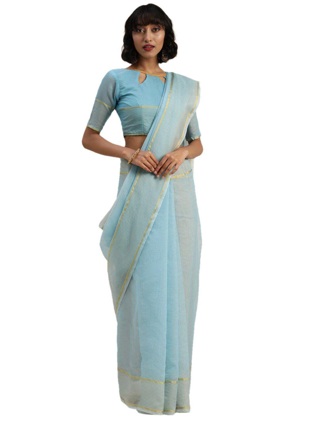 florence turquoise blue & gold-toned zari pure cotton saree