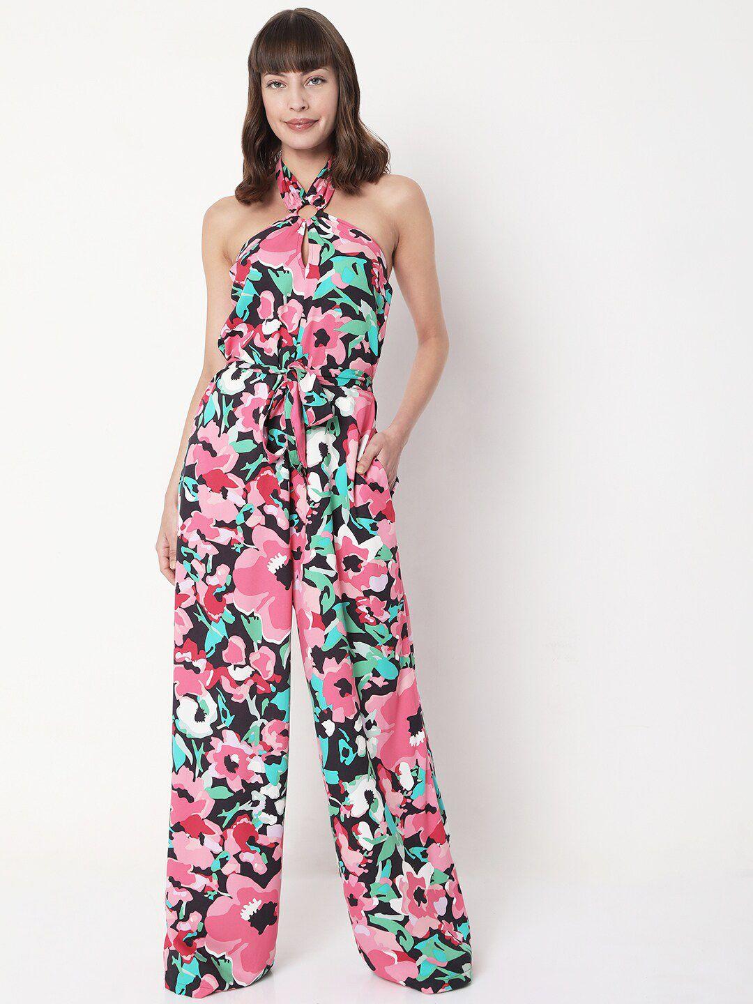 vero moda black & pink halter neck printed basic jumpsuit