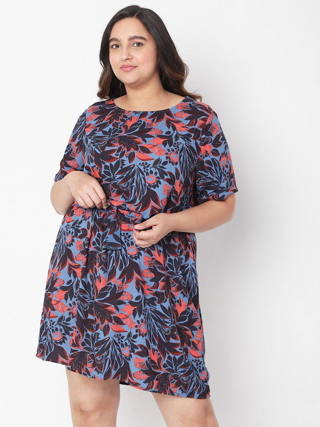 vero moda curve blue & coral red floral printed fit & flare dress