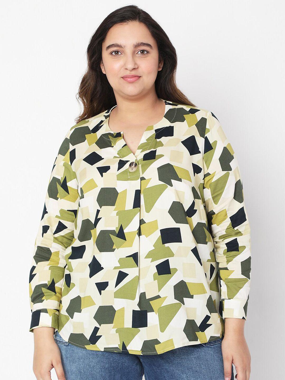 vero moda curve plus size green geometric print mandarin collar top