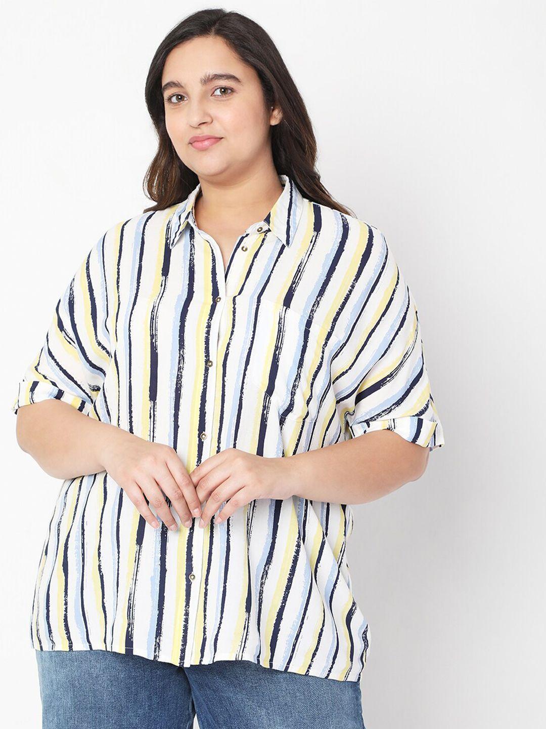 vero moda curve women white & blue striped regular fit casual shirt