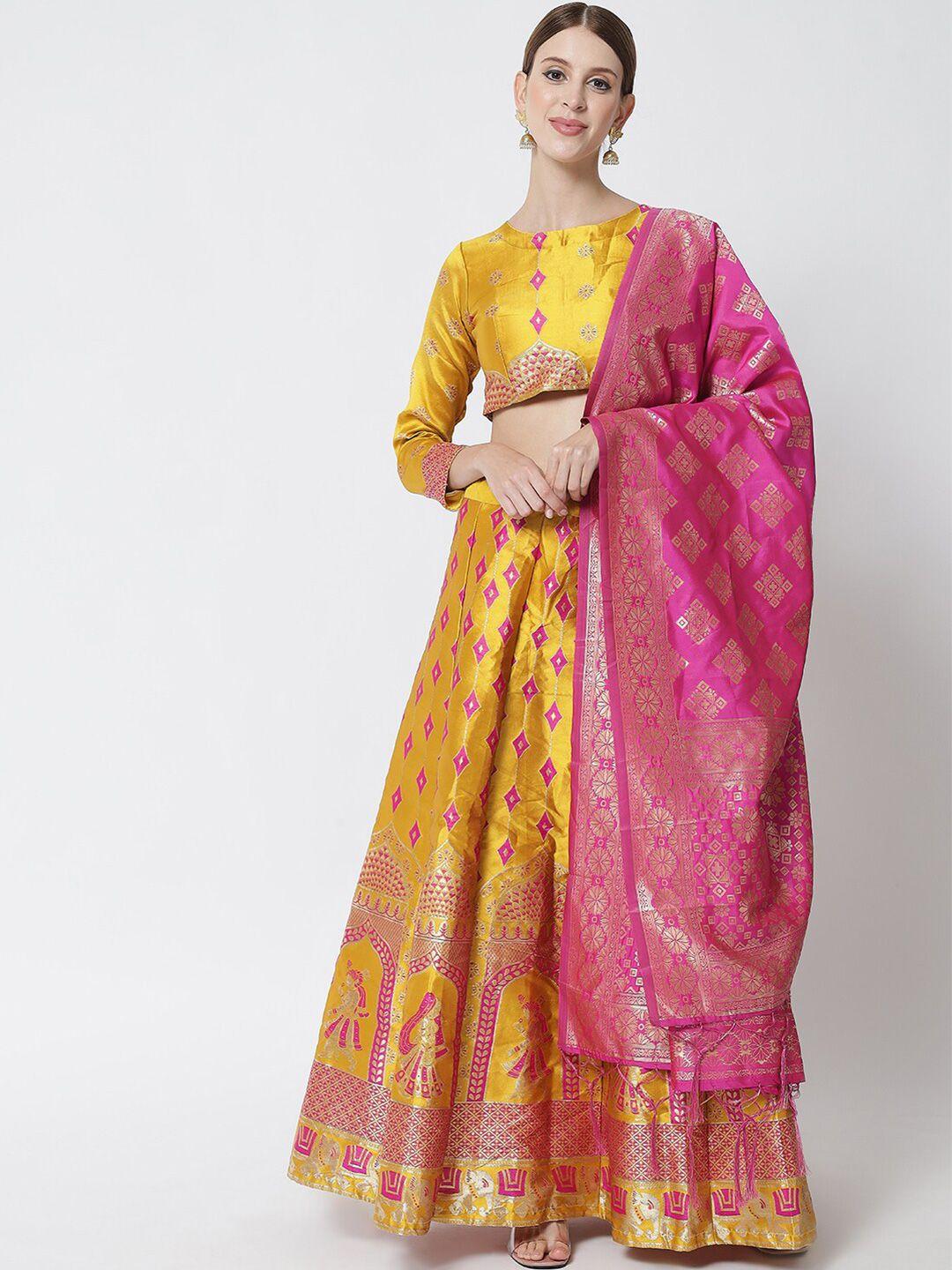 divastri yellow & maroon ready to wear lehenga & unstitched blouse with dupatta