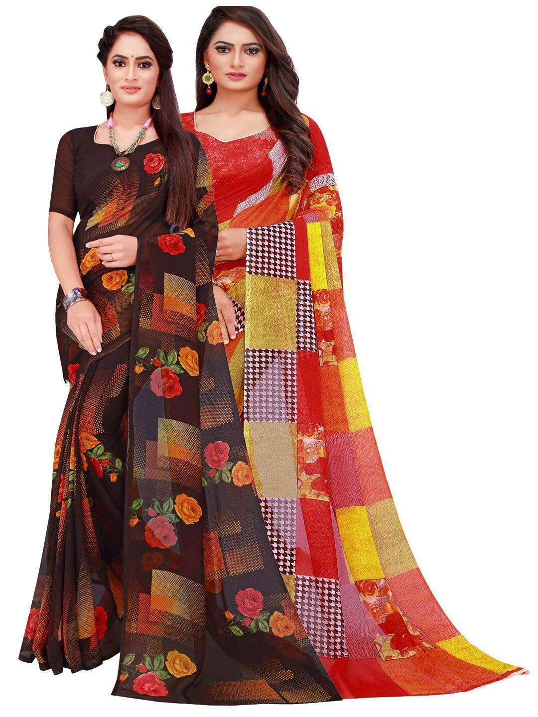 saadhvi navy blue & red floral pure georgette saree