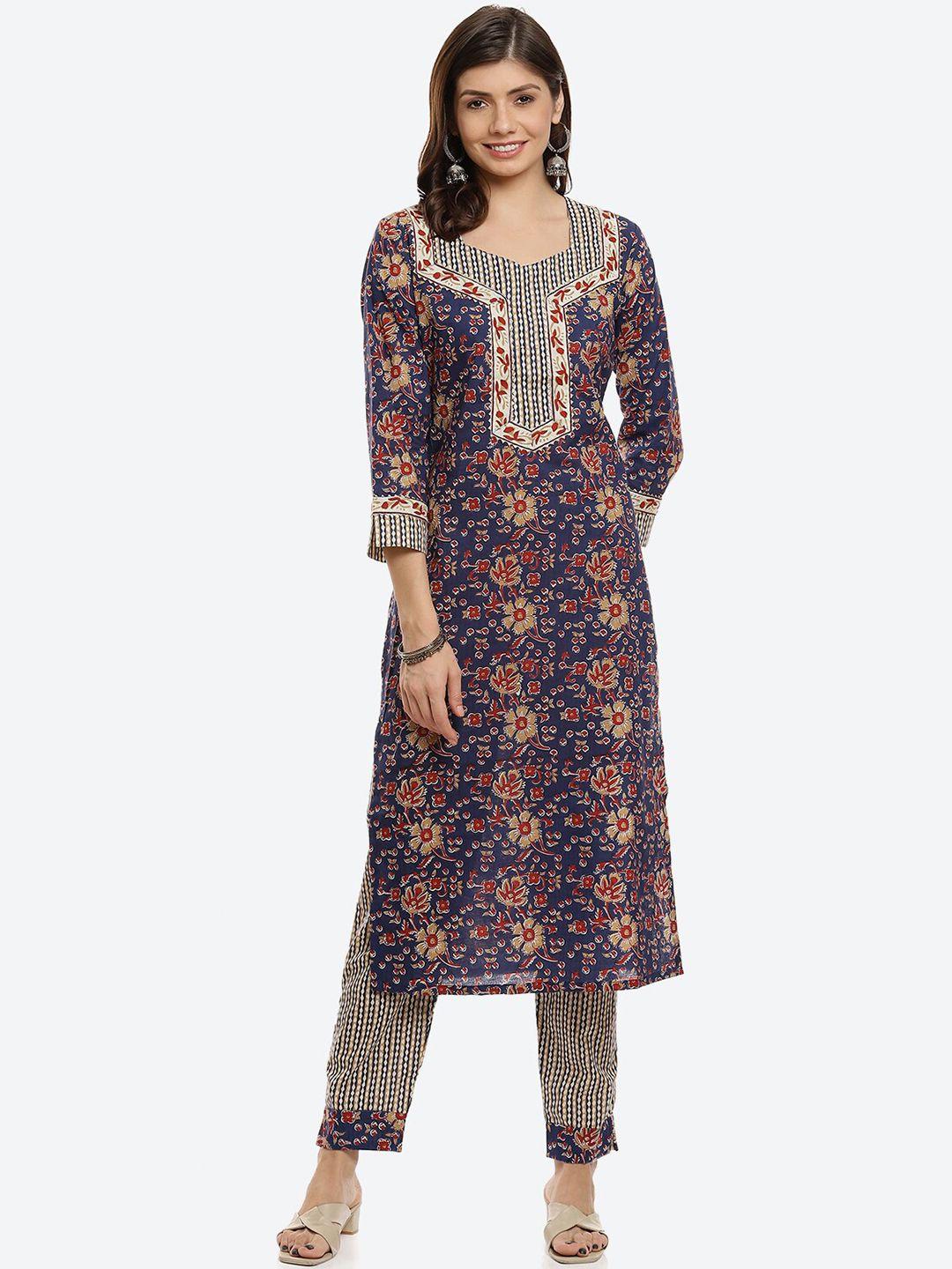 biba blue printed pure cotton unstitched dress material