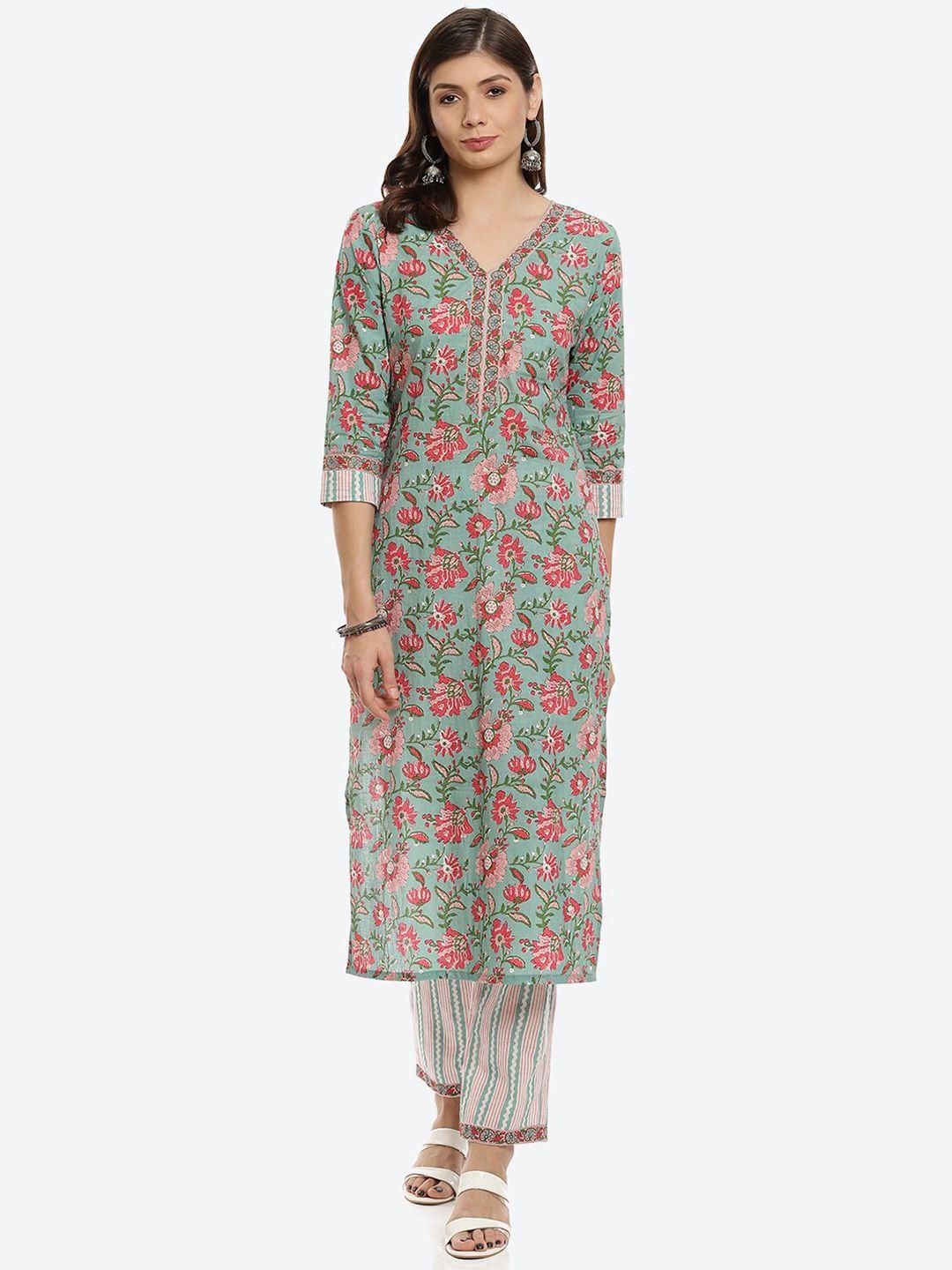 biba green & blue printed pure cotton unstitched dress material