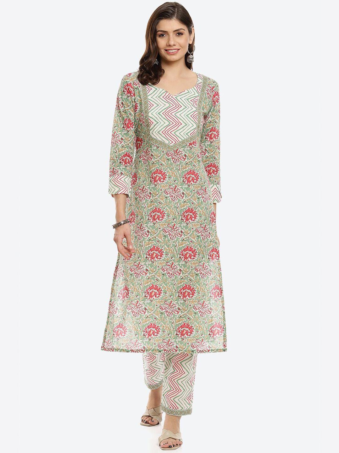 biba green & red printed pure cotton unstitched dress material