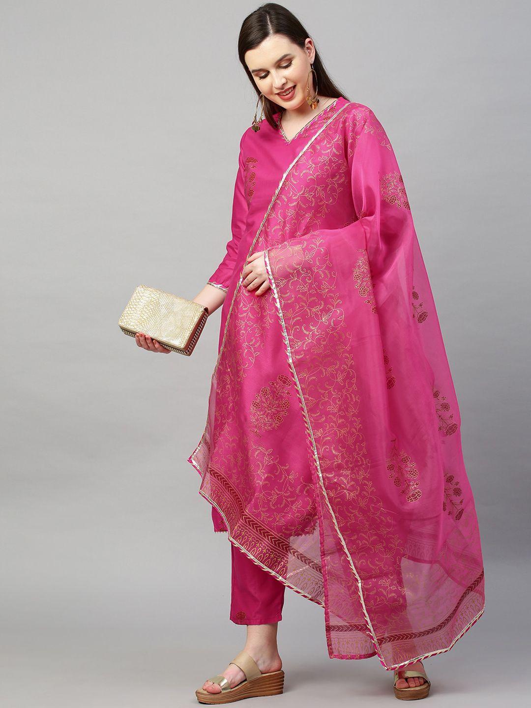 kalini women pink floral printed kurta with trousers & with dupatta