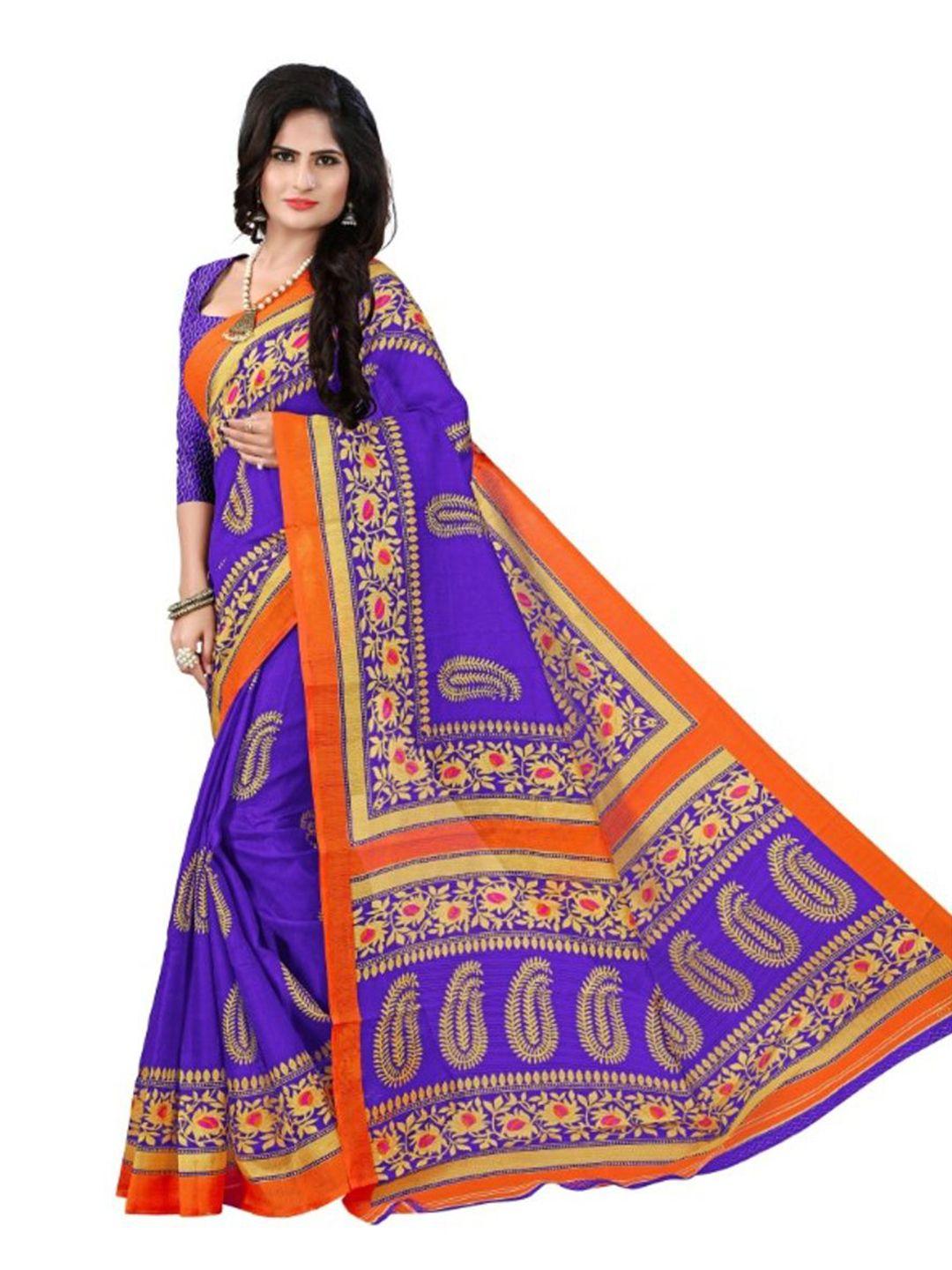 florence blue & orange ethnic motifs art silk saree