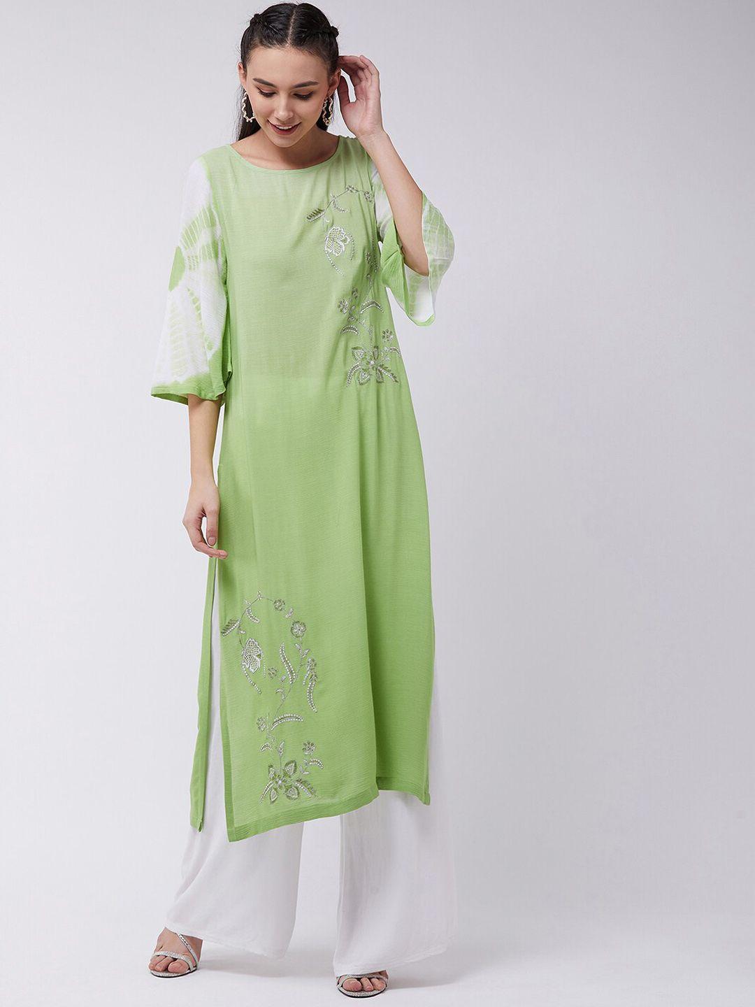 pannkh women green & white floral embroidered flared sleeves kurta