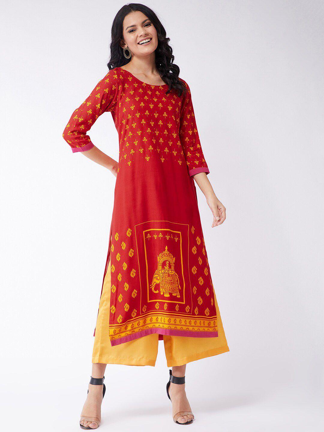 pannkh women red ethnic motifs printed kurta