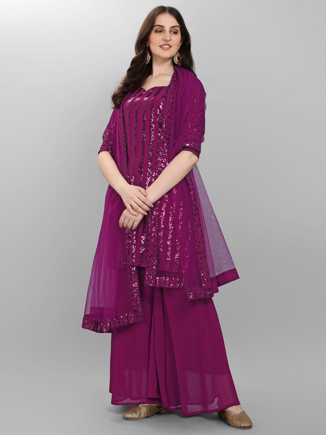 jatriqq purple embroidered sequined silk georgette semi-stitched dress material