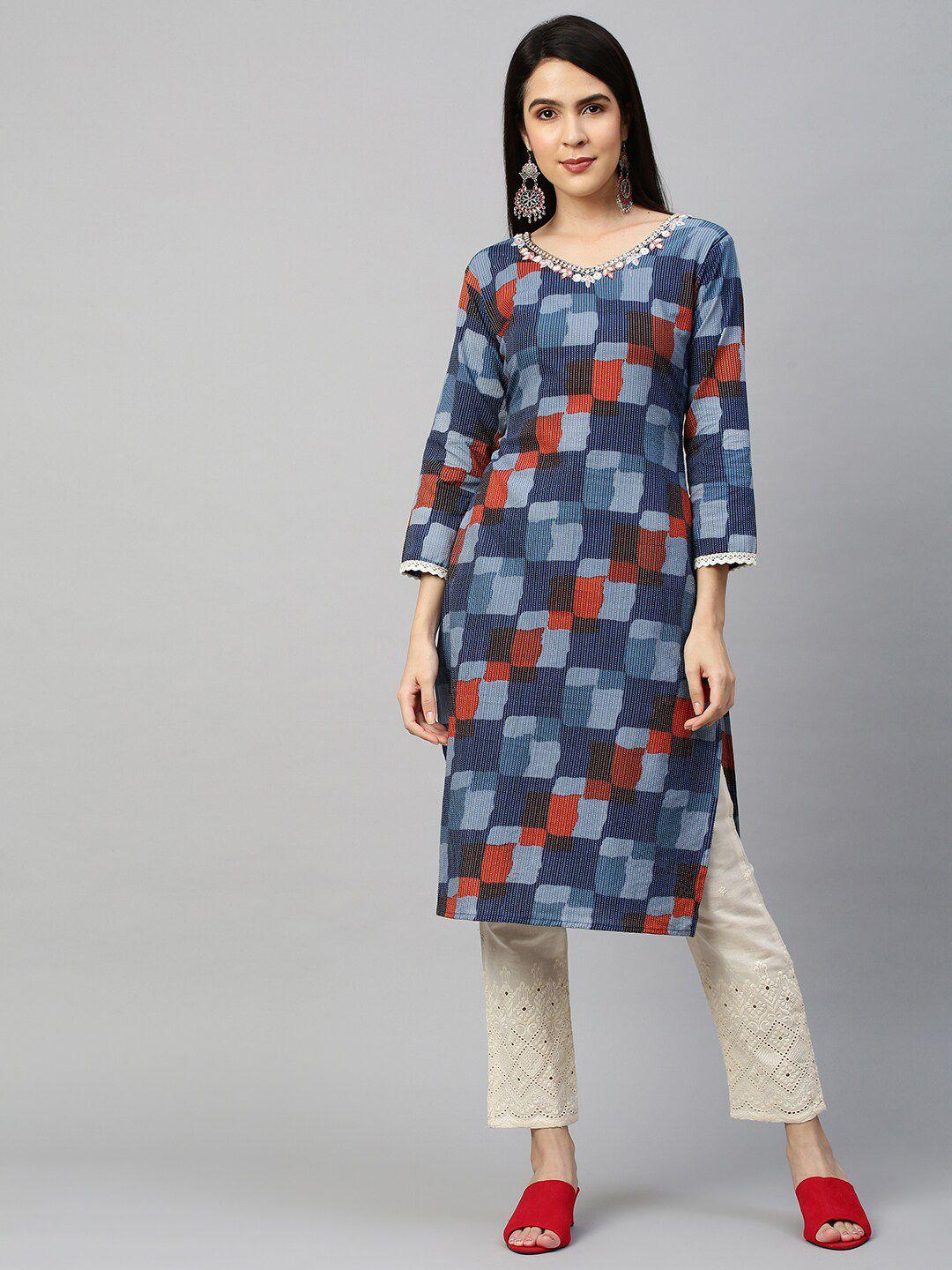 fashor women blue printed thread work pure cotton kurta with trousers