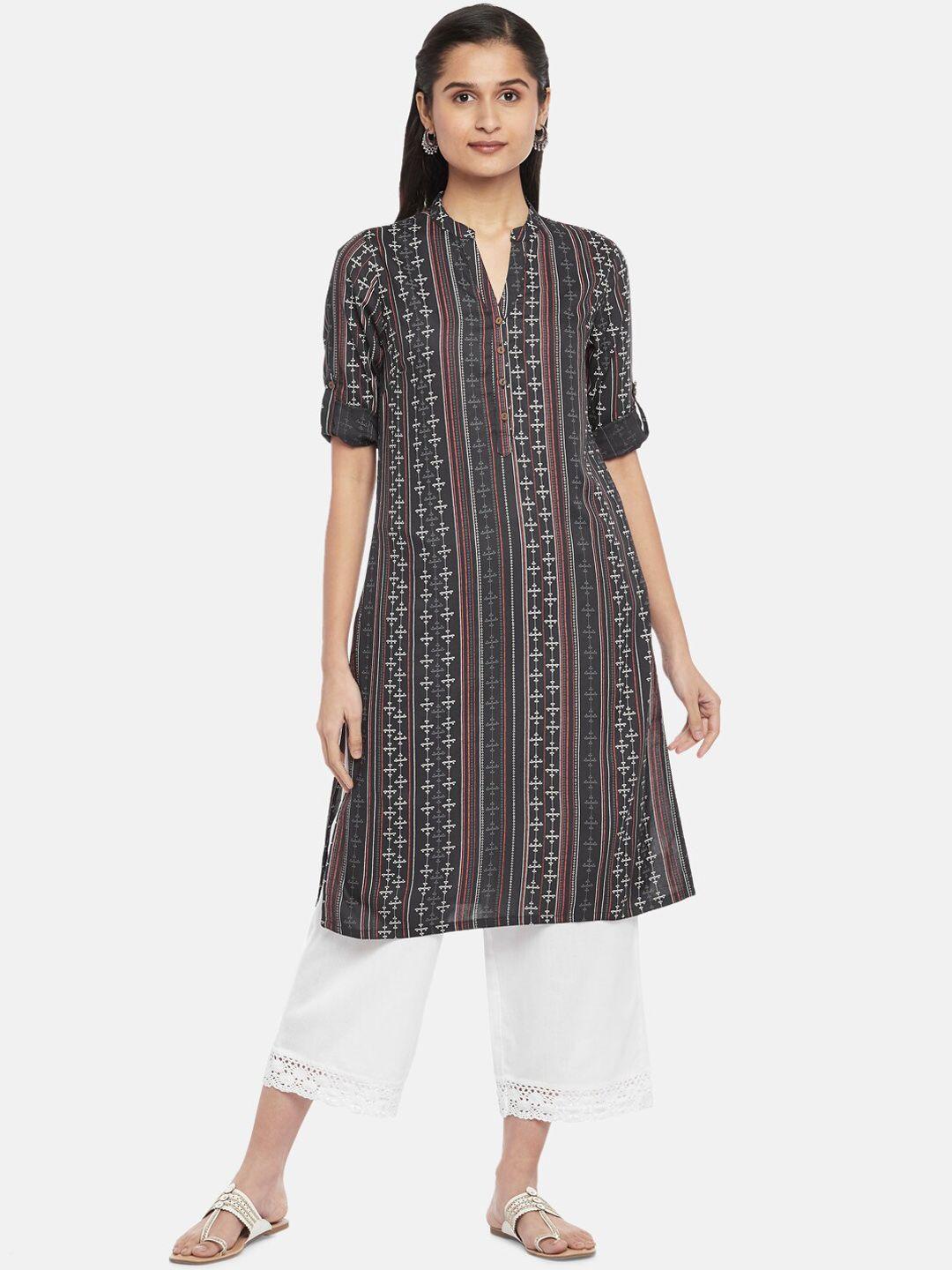 rangmanch by pantaloons women charcoal grey & white geometric printed rayon kurta