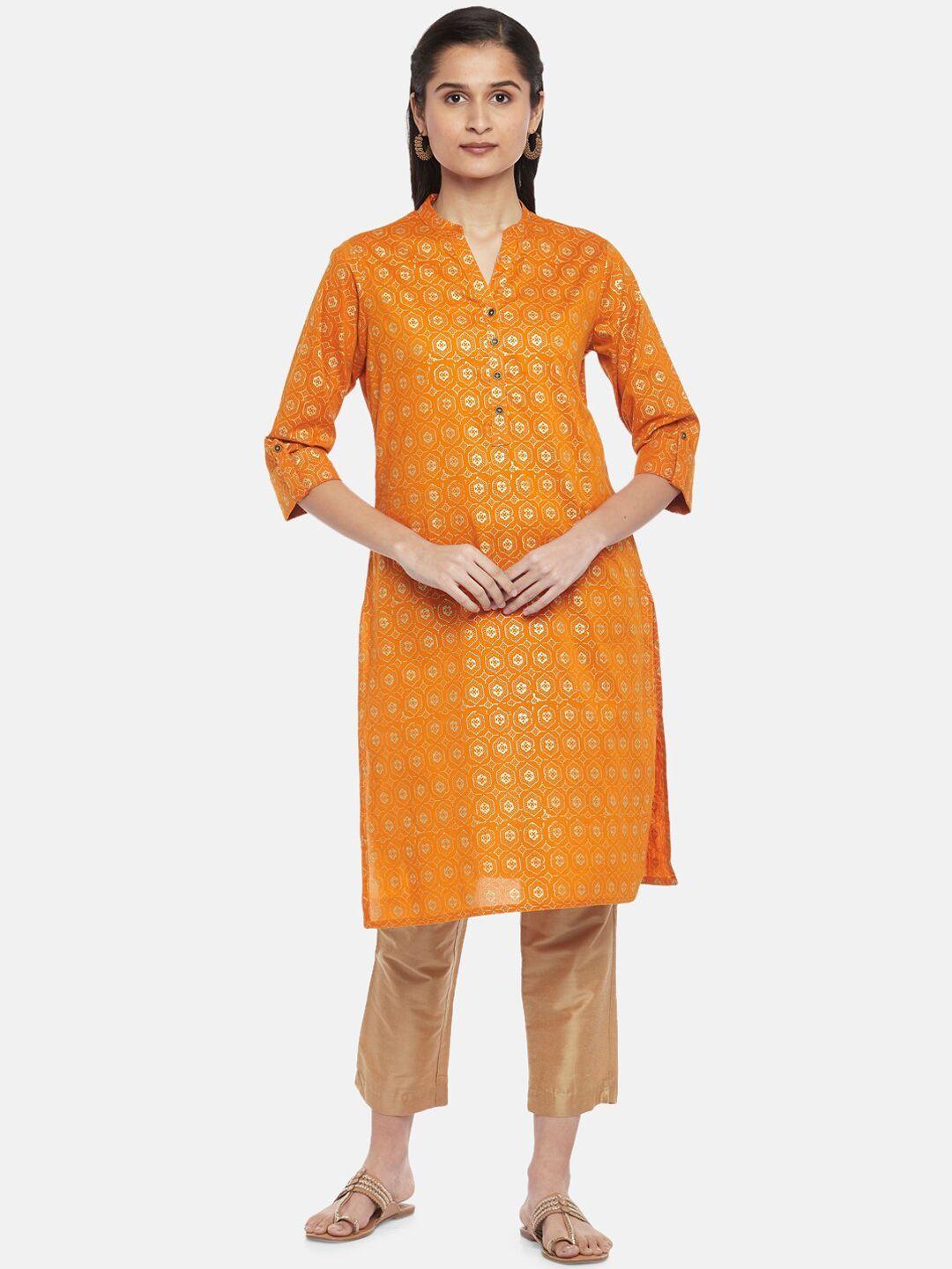 rangmanch by pantaloons women orange & golden printed cotton kurta