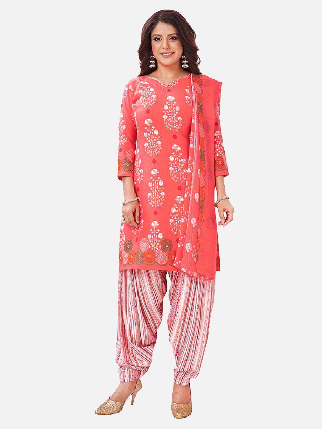 salwar studio peach-coloured & white printed unstitched dress material