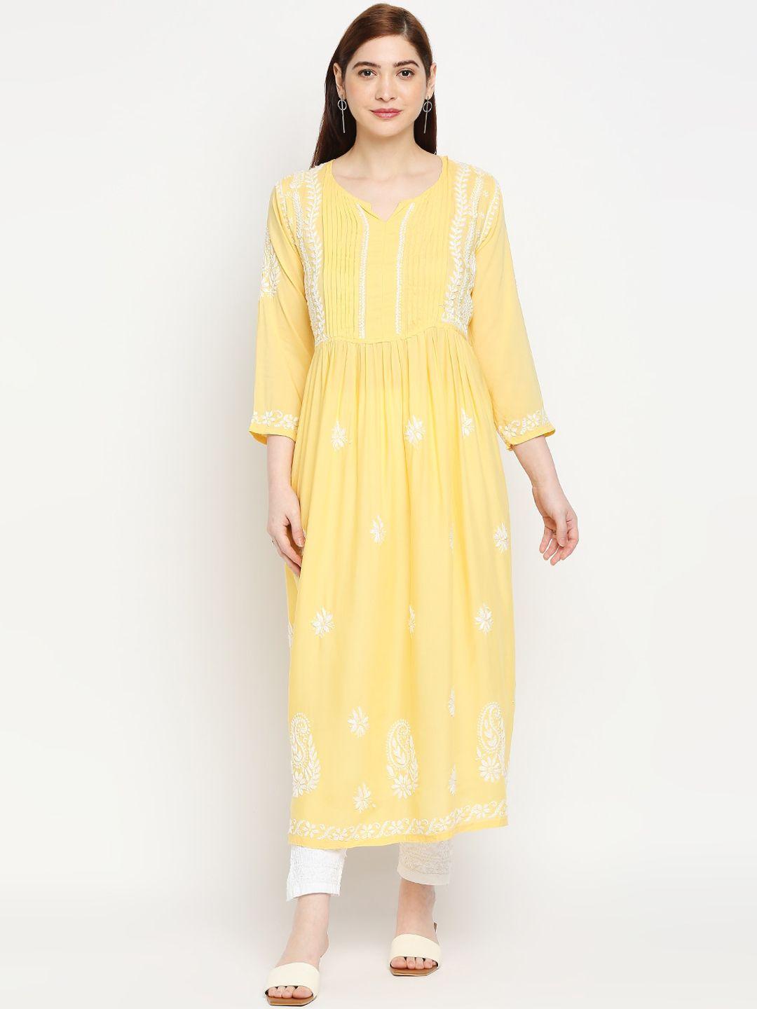 indiankala4u women yellow & white ethnic motifs embroidered chikankari anarkali kurta