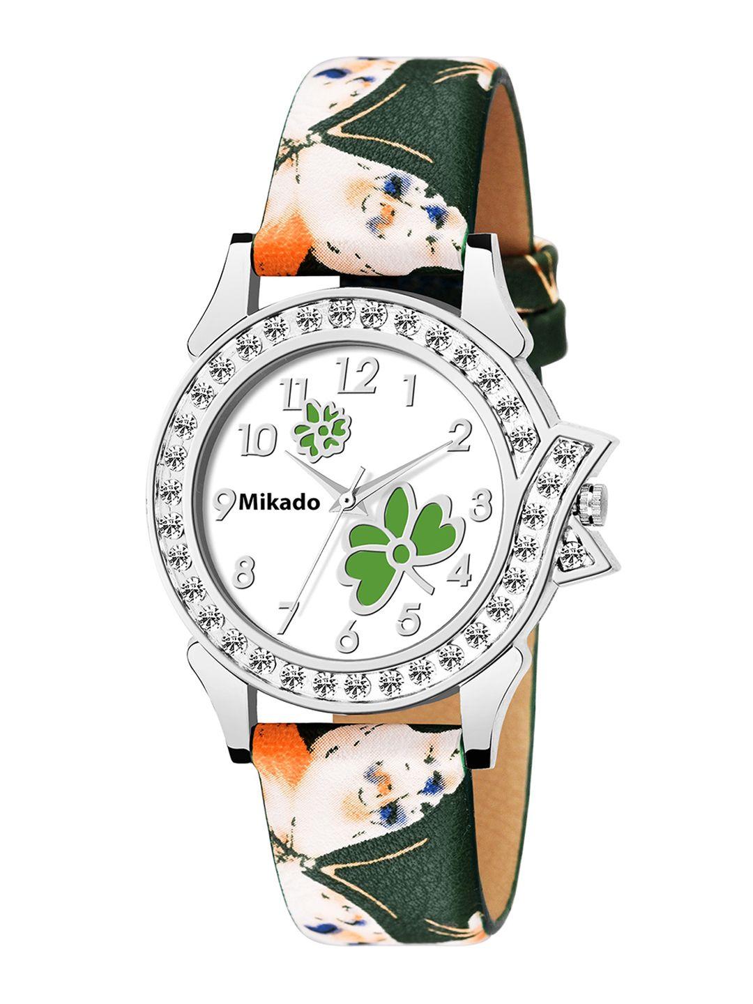 mikado women green embellished dial & leather bracelet style straps analogue watch vc 9114