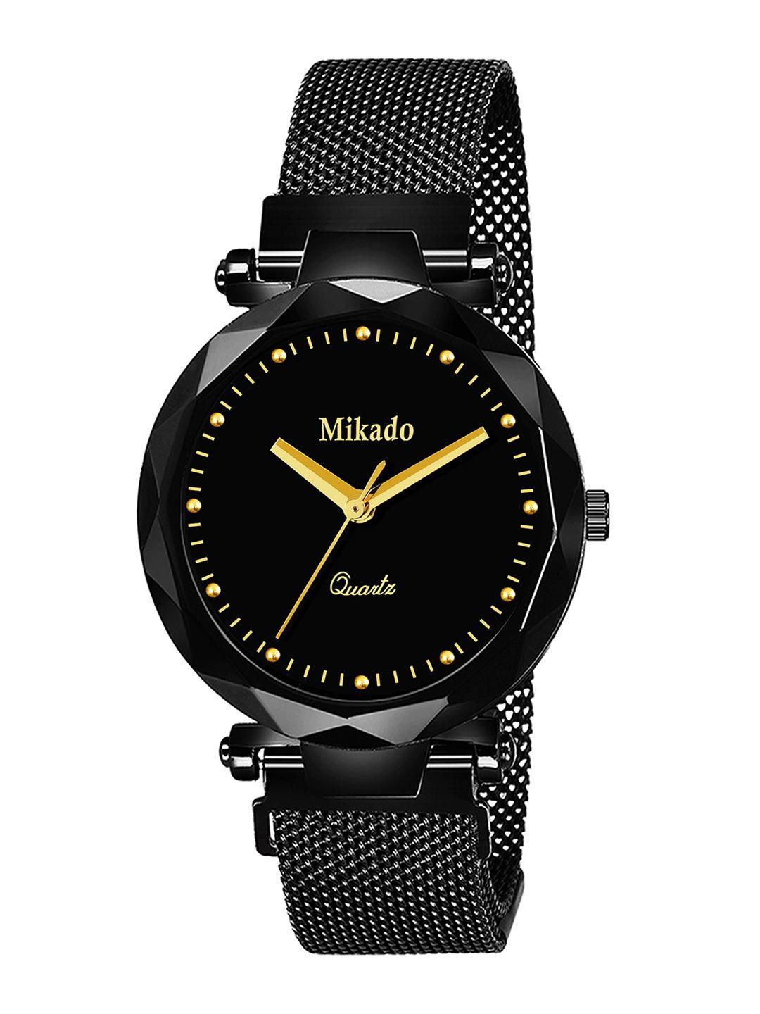 mikado women gold-toned embellished dial & black bracelet style straps analogue watch