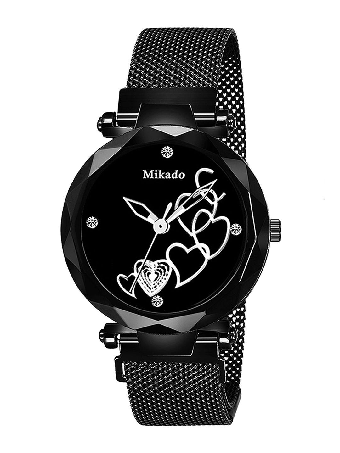 mikado women black printed dial & black bracelet style straps analogue watch