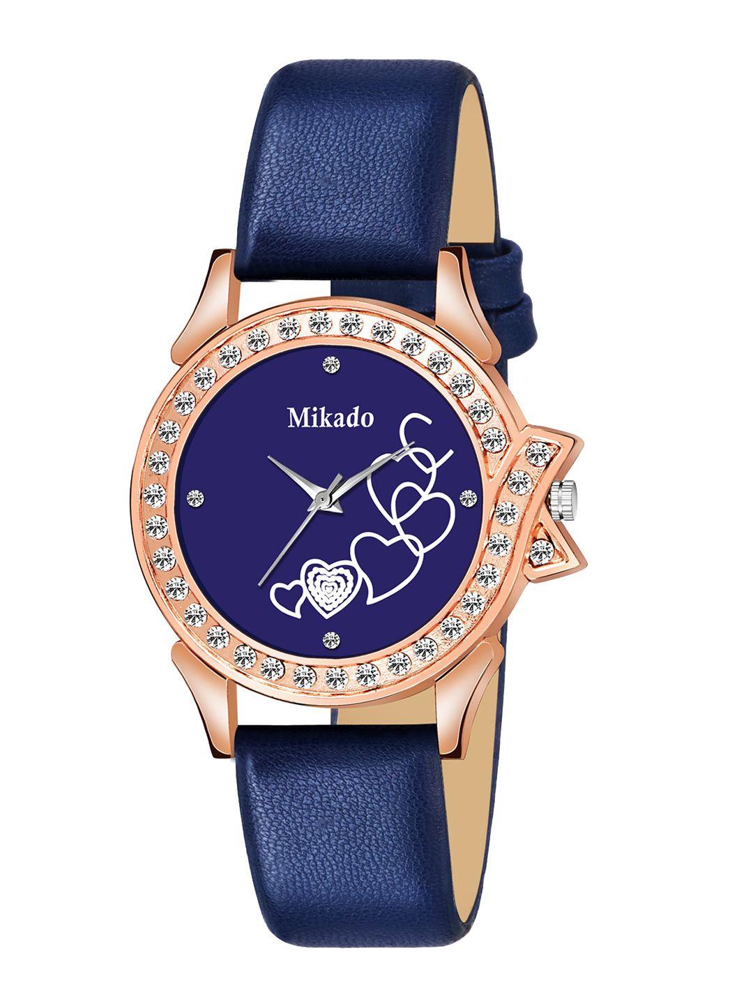 mikado women blue brass embellished dial & leather straps analogue watch