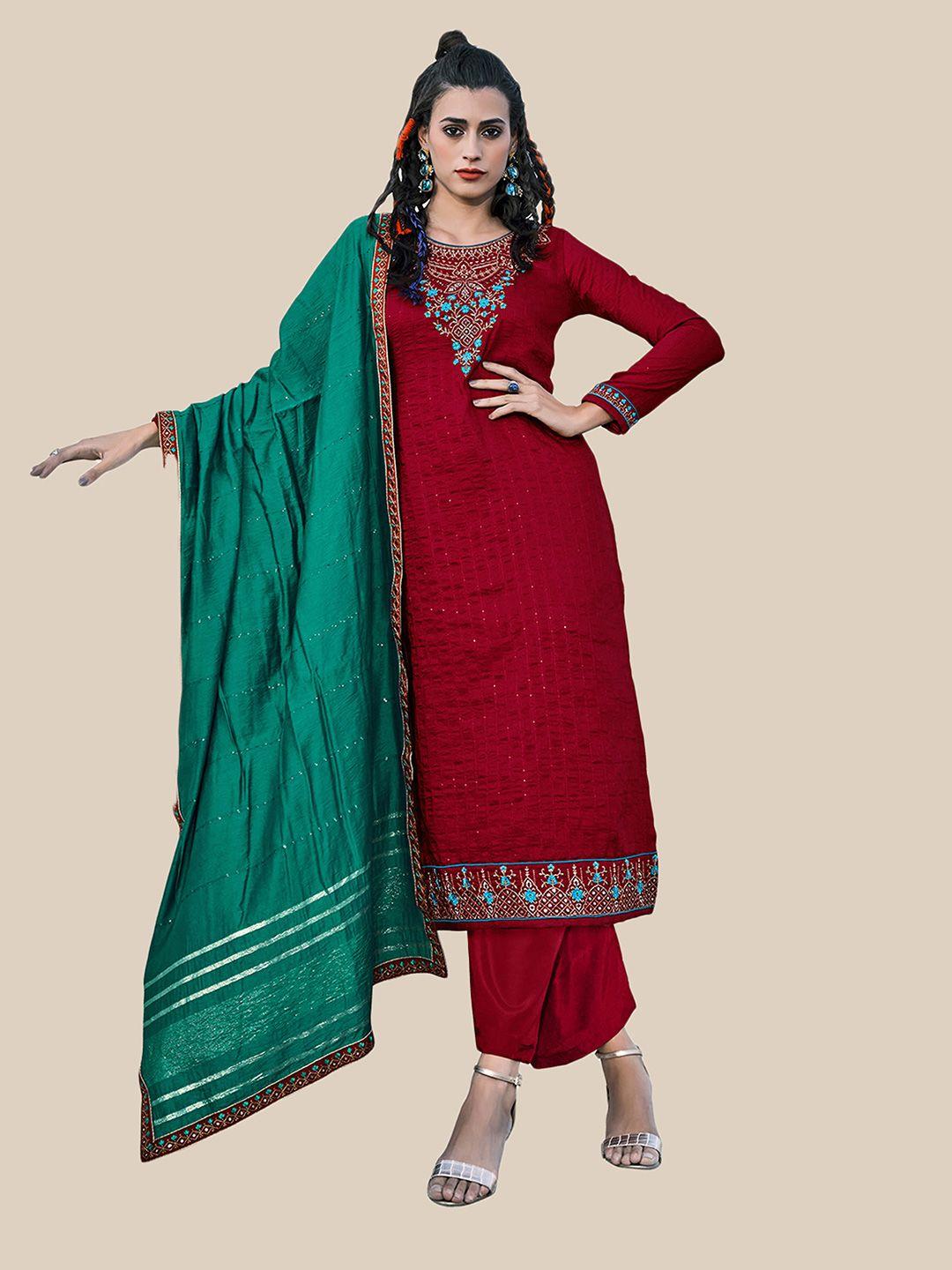 united liberty maroon & green  women embroidered art silk semi-stitched  dress material