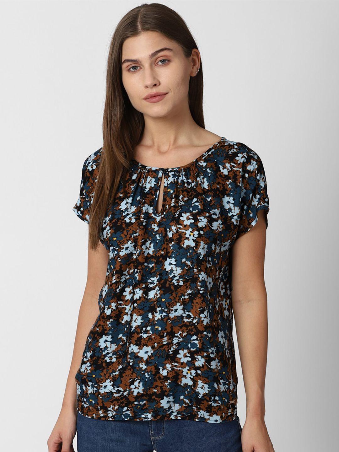 van heusen woman black & teal blue floral printed top