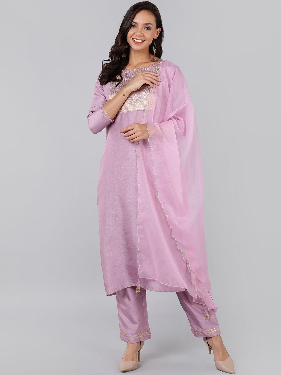 ahika women lavender yoke design kurta with trousers & with dupatta