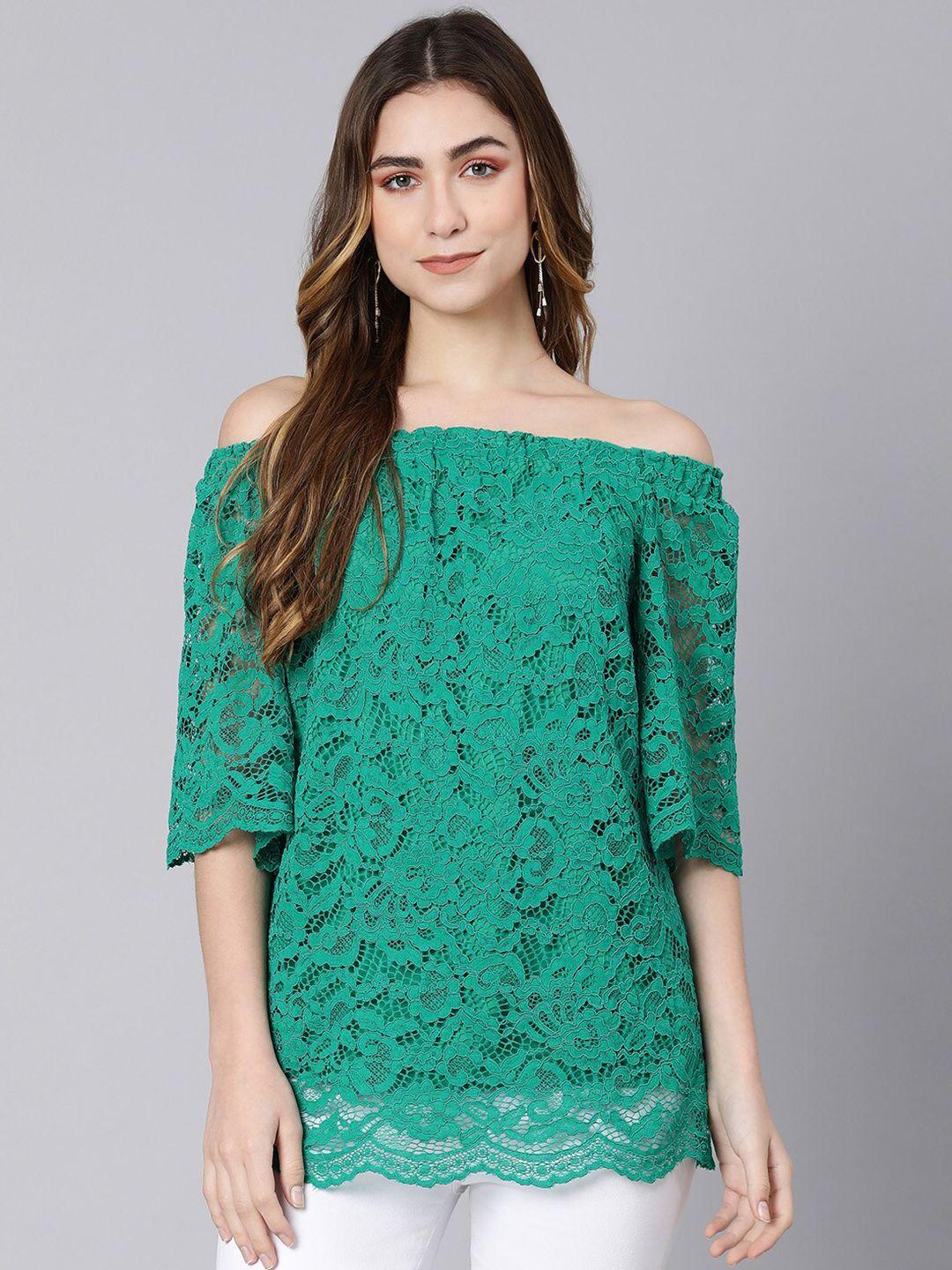 oxolloxo women green floral off-shoulder extended sleeves top