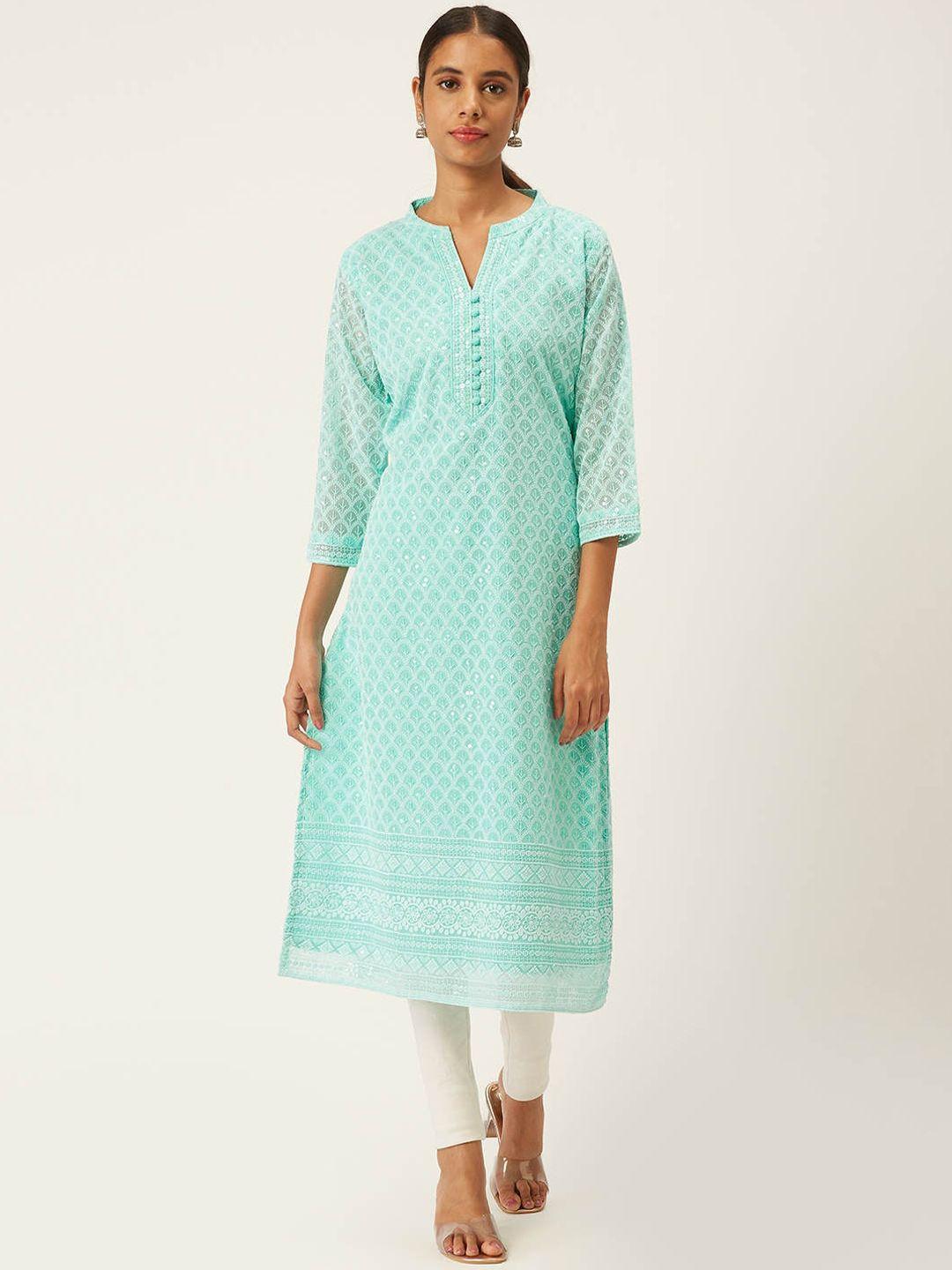 zola women turquoise blue embroidered thread work georgette kurta