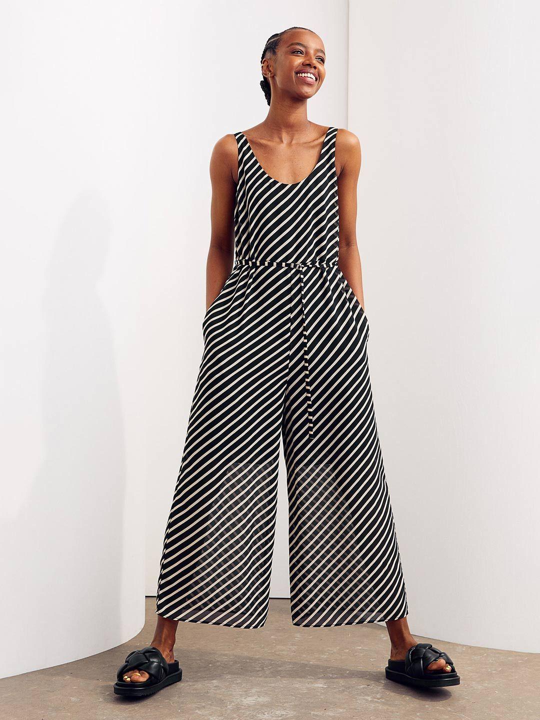 h&m women black & beige striped chiffon jumpsuit