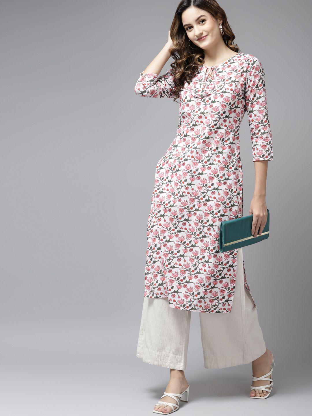 yufta women off white & pink pure cotton floral print kurta