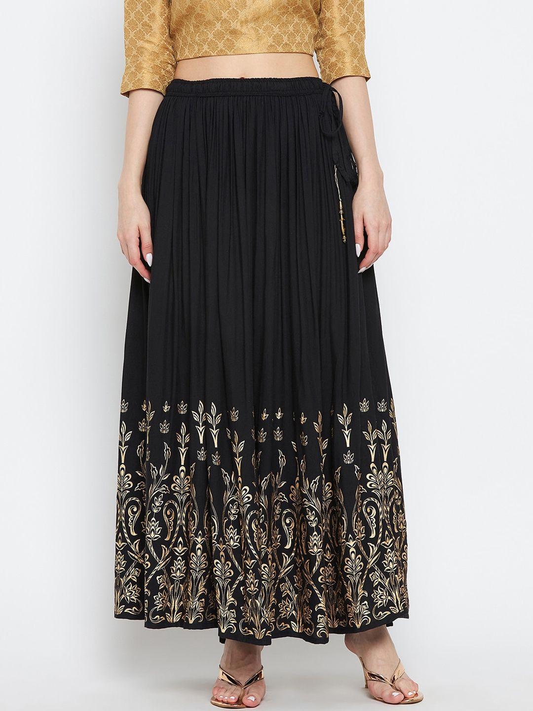 clora creation women black printed flared maxi skirts