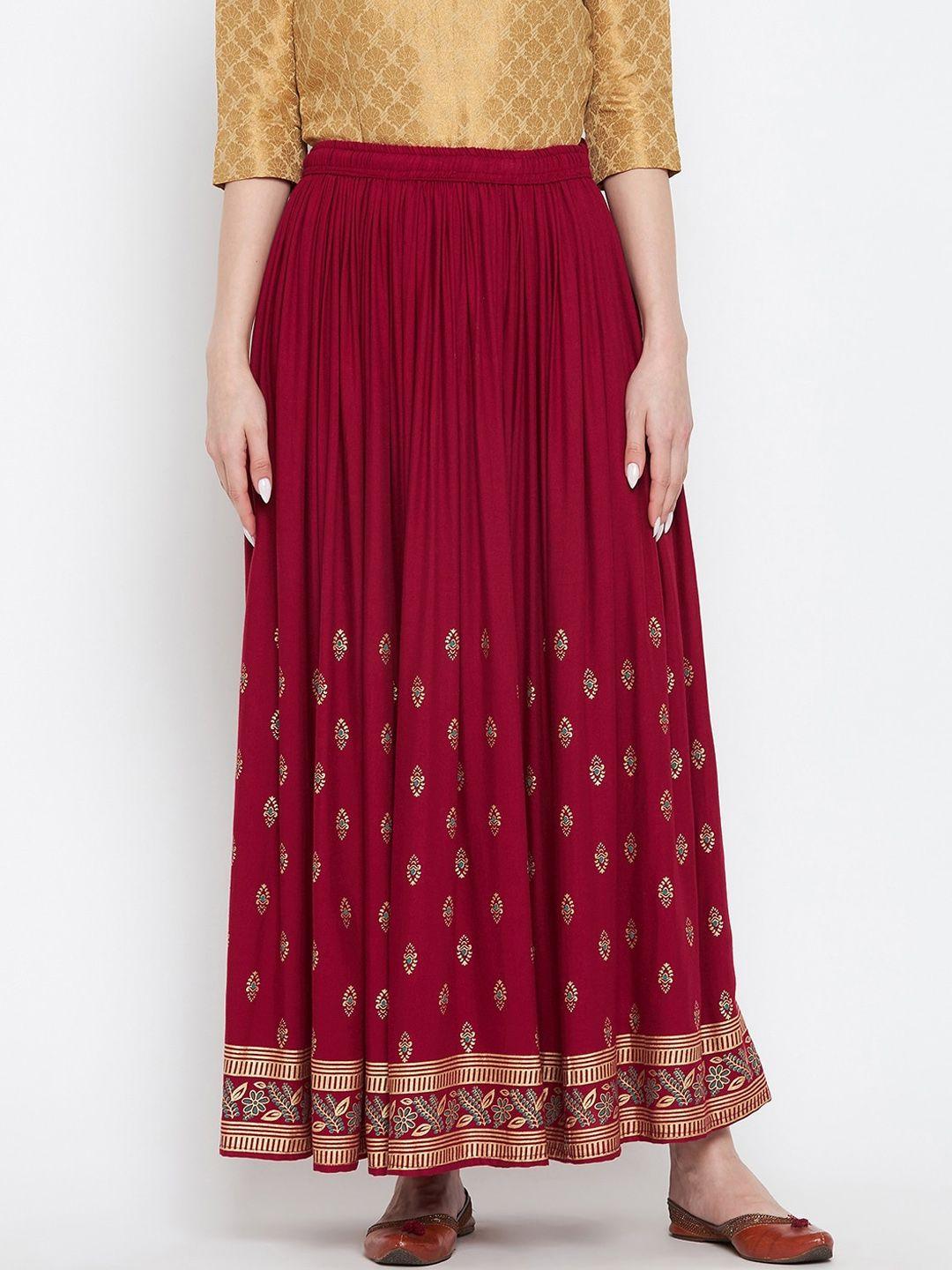 clora creation women maroon printed maxi-length flared skirt