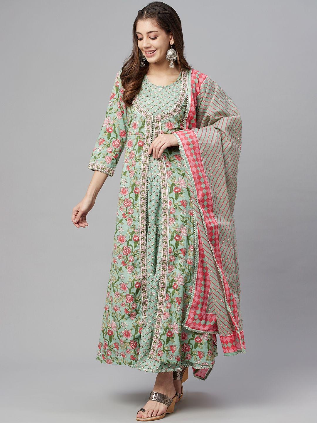 readiprint fashions women green & red printed cotton anarkali kurta with jacket & dupatta