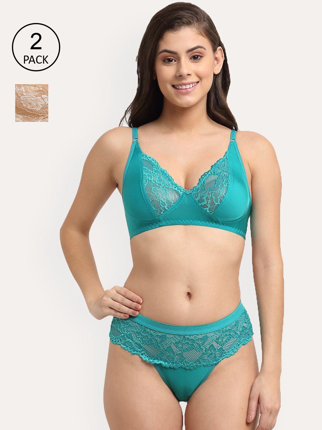 friskers women pack of 2 teal blue & beige lingerie set