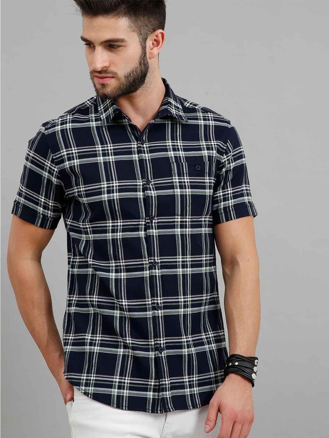 here&now men navy blue slim fit tartan checks checked casual shirt