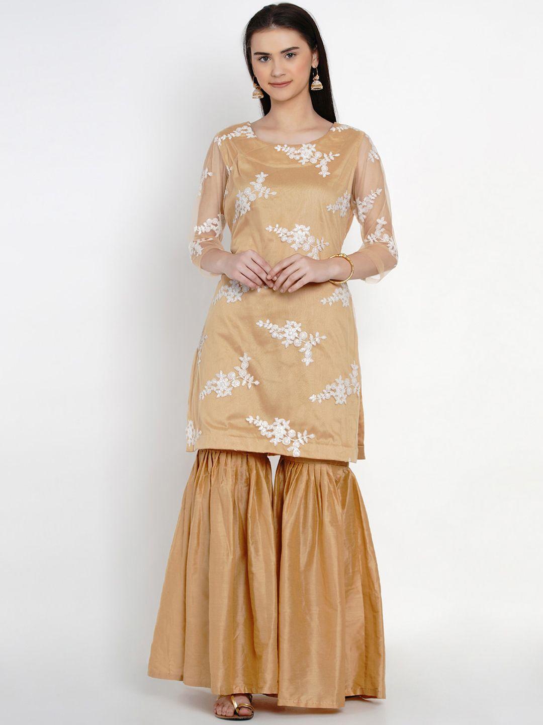 women republic gold-coloured floral embellished kurta with sharara