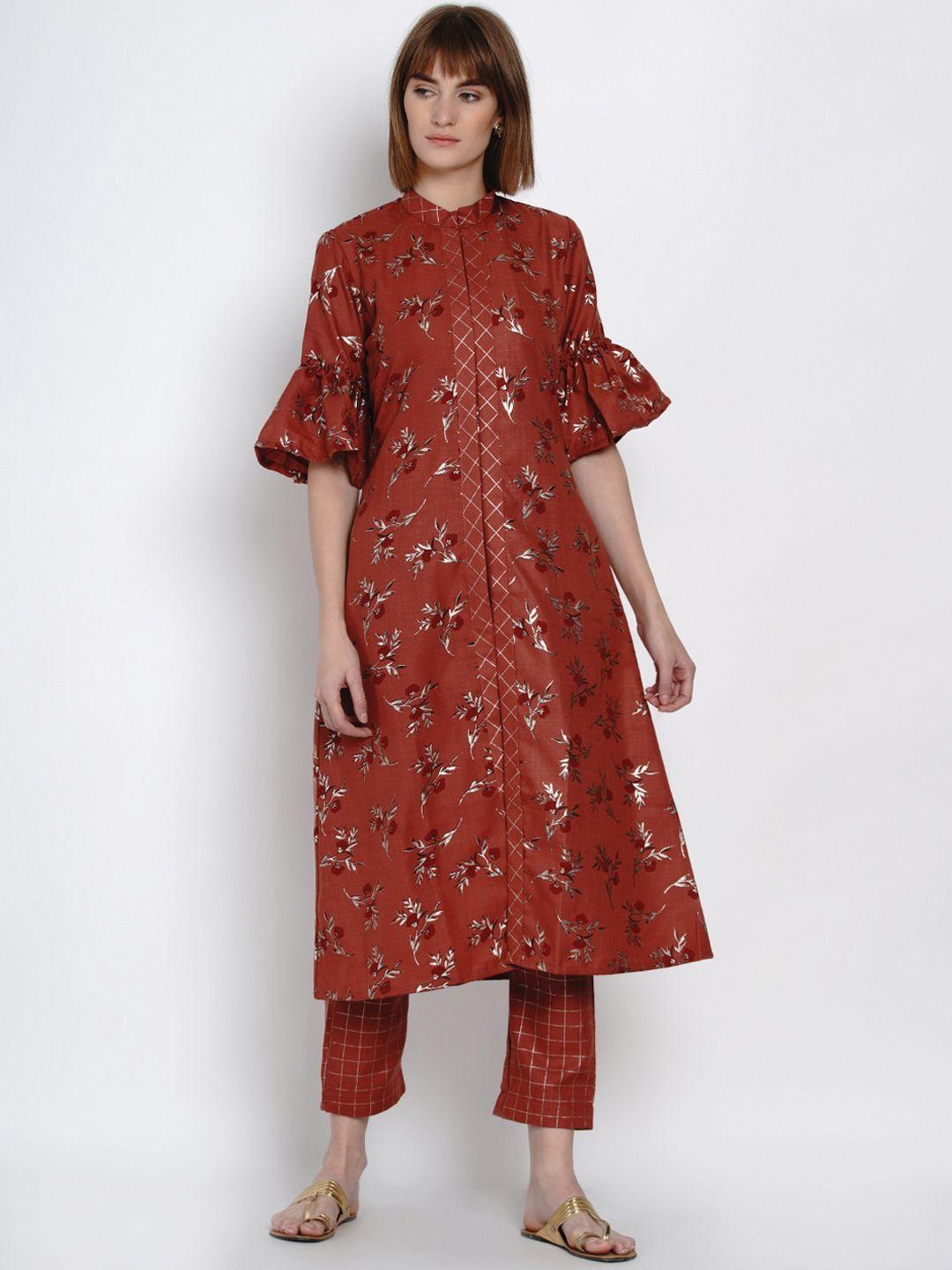 women republic women copper-toned gold foil printed pure cotton kurta with trousers