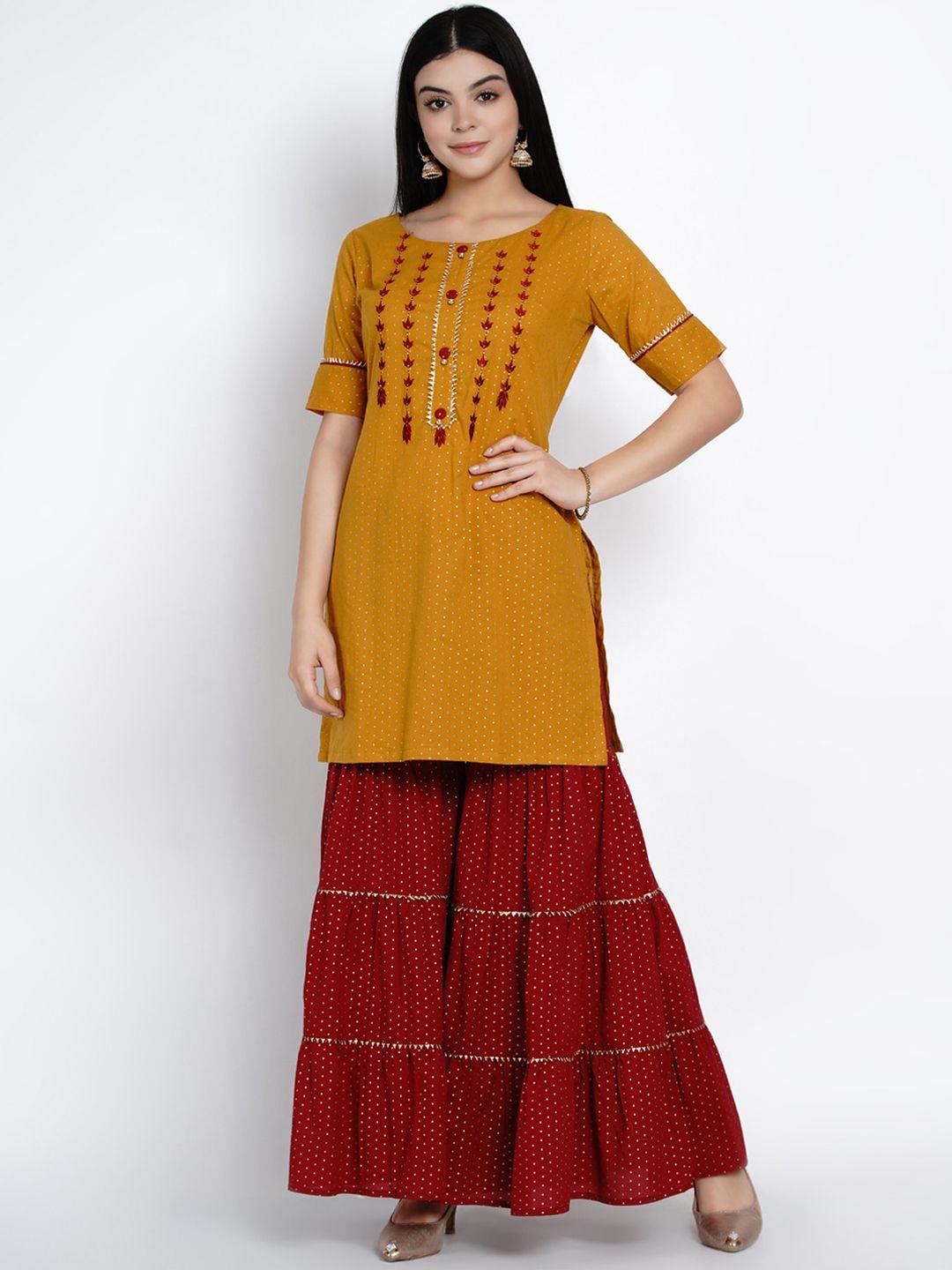 women republic women mustard yellow gold foil printed kurti with sharara