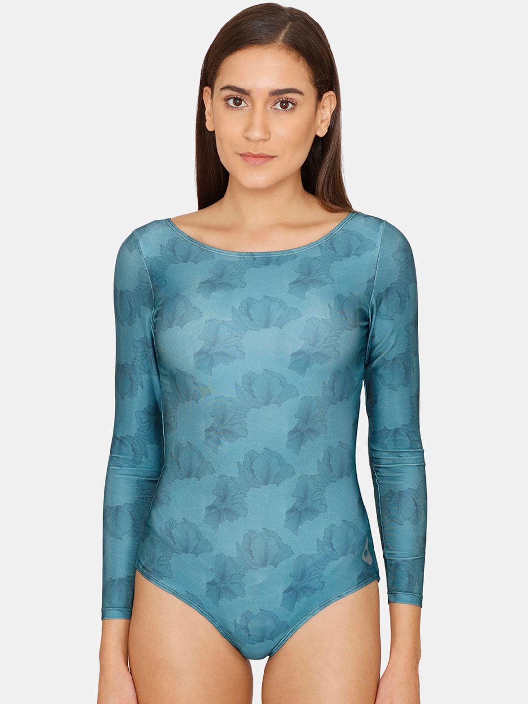 zelocity by zivame women sea-green printed body suit