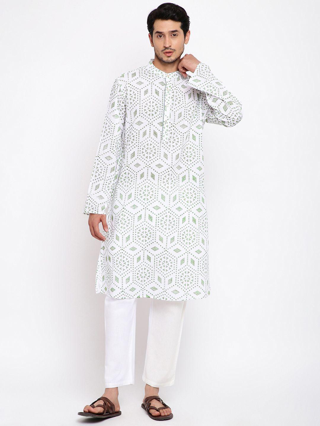 fabindia men white & green pure cotton handblock print kurta