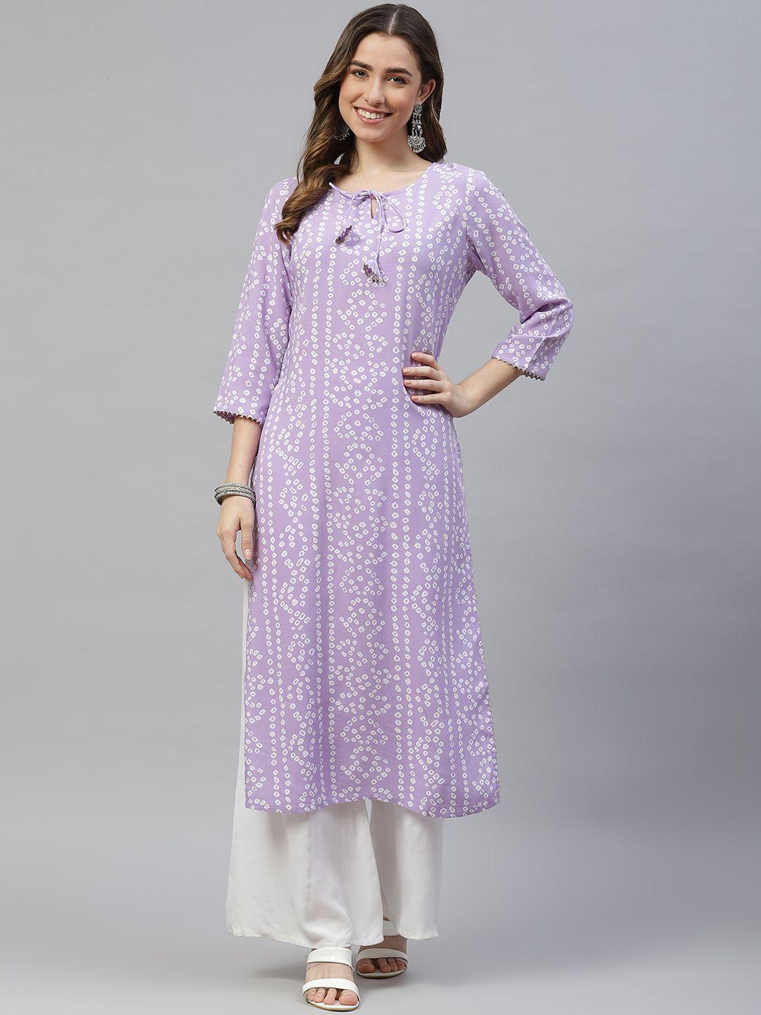 piroh women lavender & white bandhani printed kurta