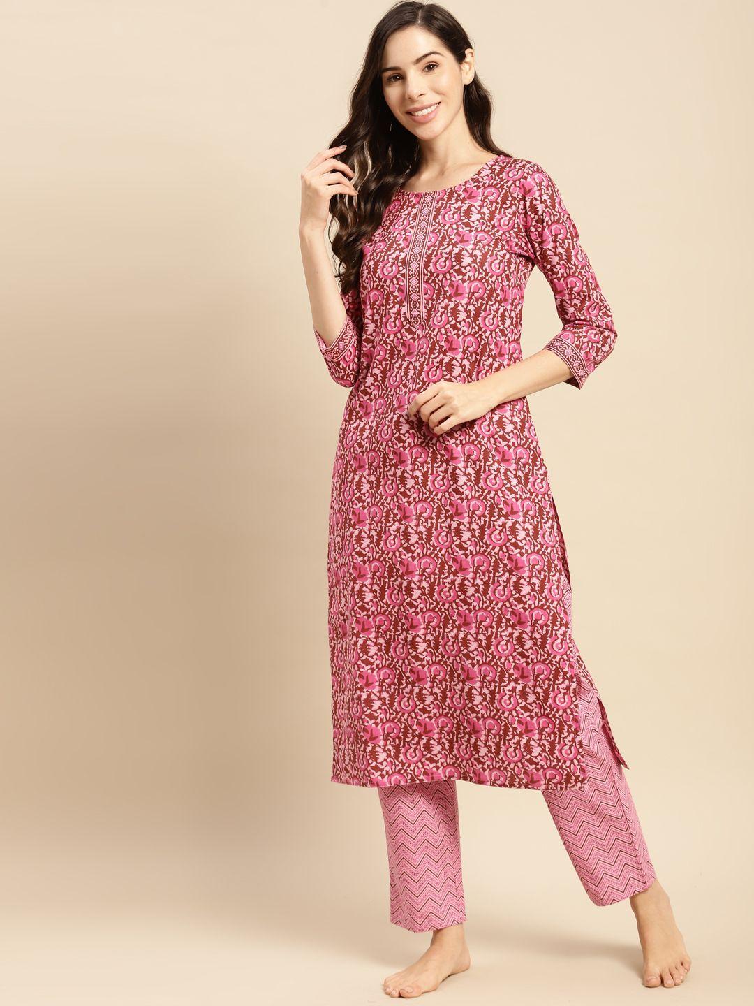 prakrti women pink printed cotton night suit