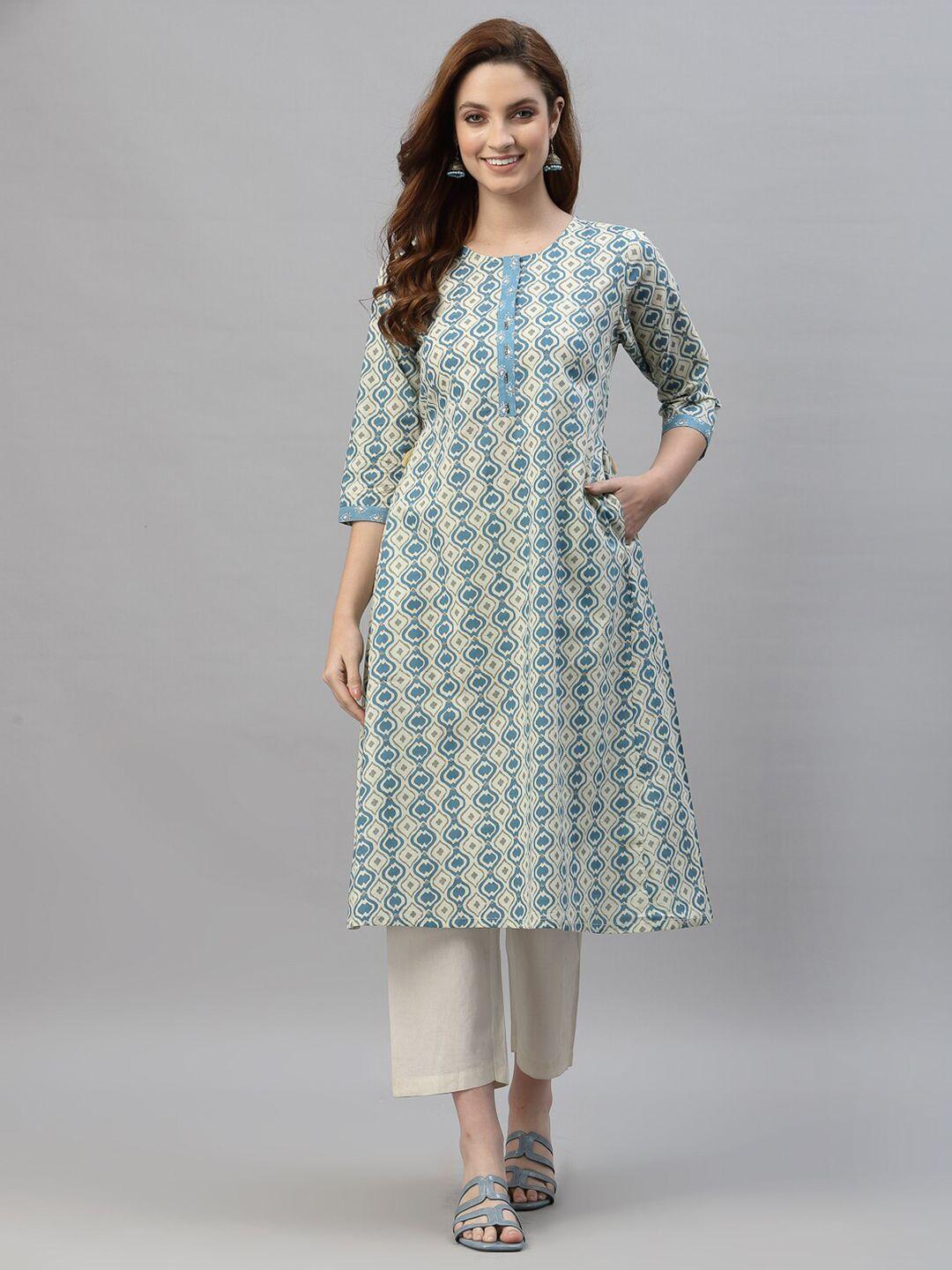 mode by red tape women teal blue & grey printed pure cotton kurta