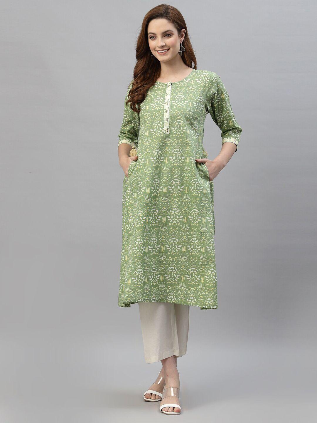 mode by red tape women green printed cotton kurta